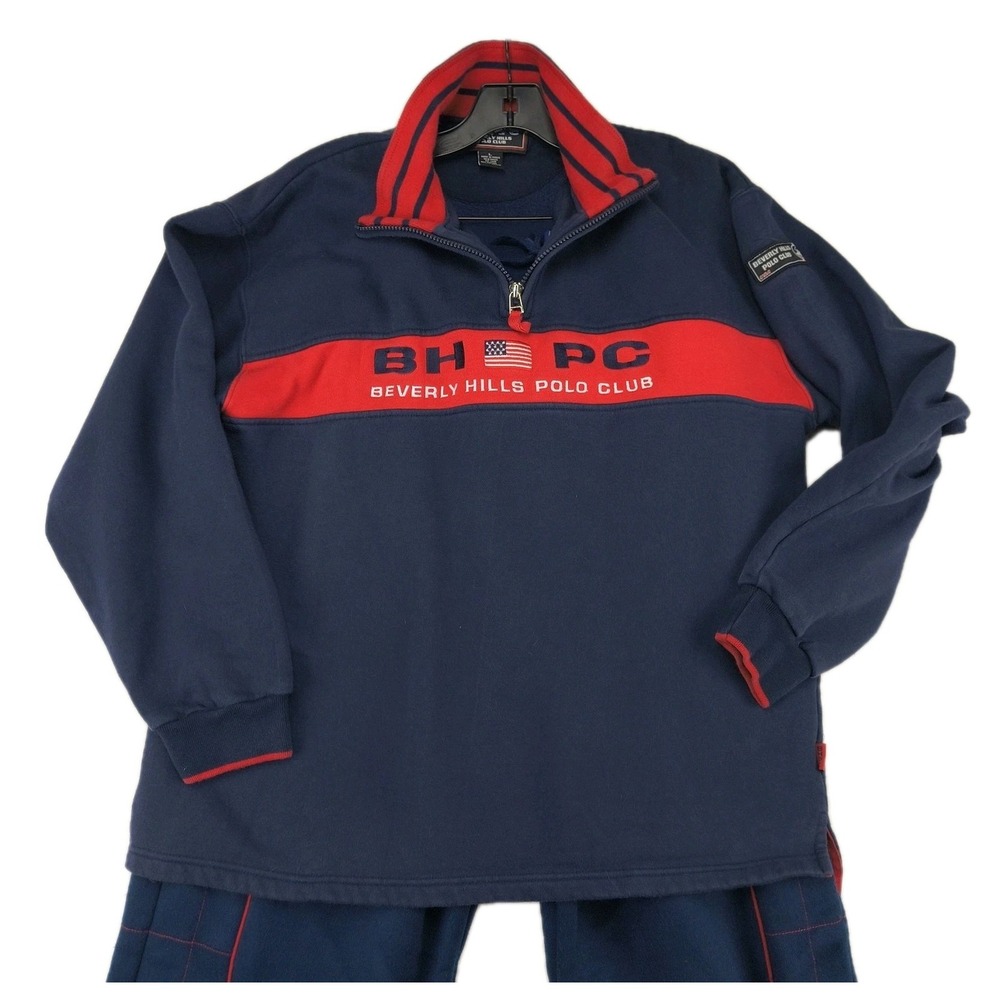 Beverly Hills Polo Club Mens Tracksuit Navy Blue Red Quarter Zip Pullover Large